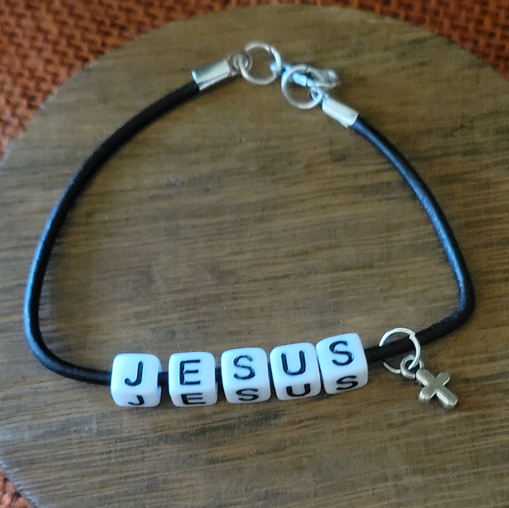 Black Leather Cord With Jesus Letters Beads And Cross Charm.